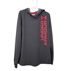 Boy's Under Armour Long Sleeve Hooded T-Shirt Medium Gray Red Logo